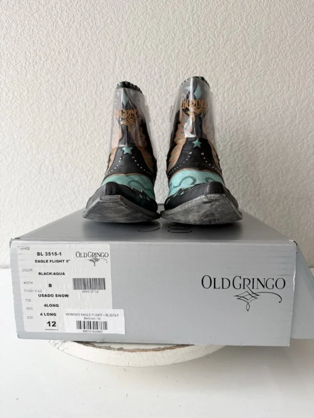 Old Gringo EAGLE FLIGHT Short Cowboy Boots Black Turquoise Womens 12 Snip Toe